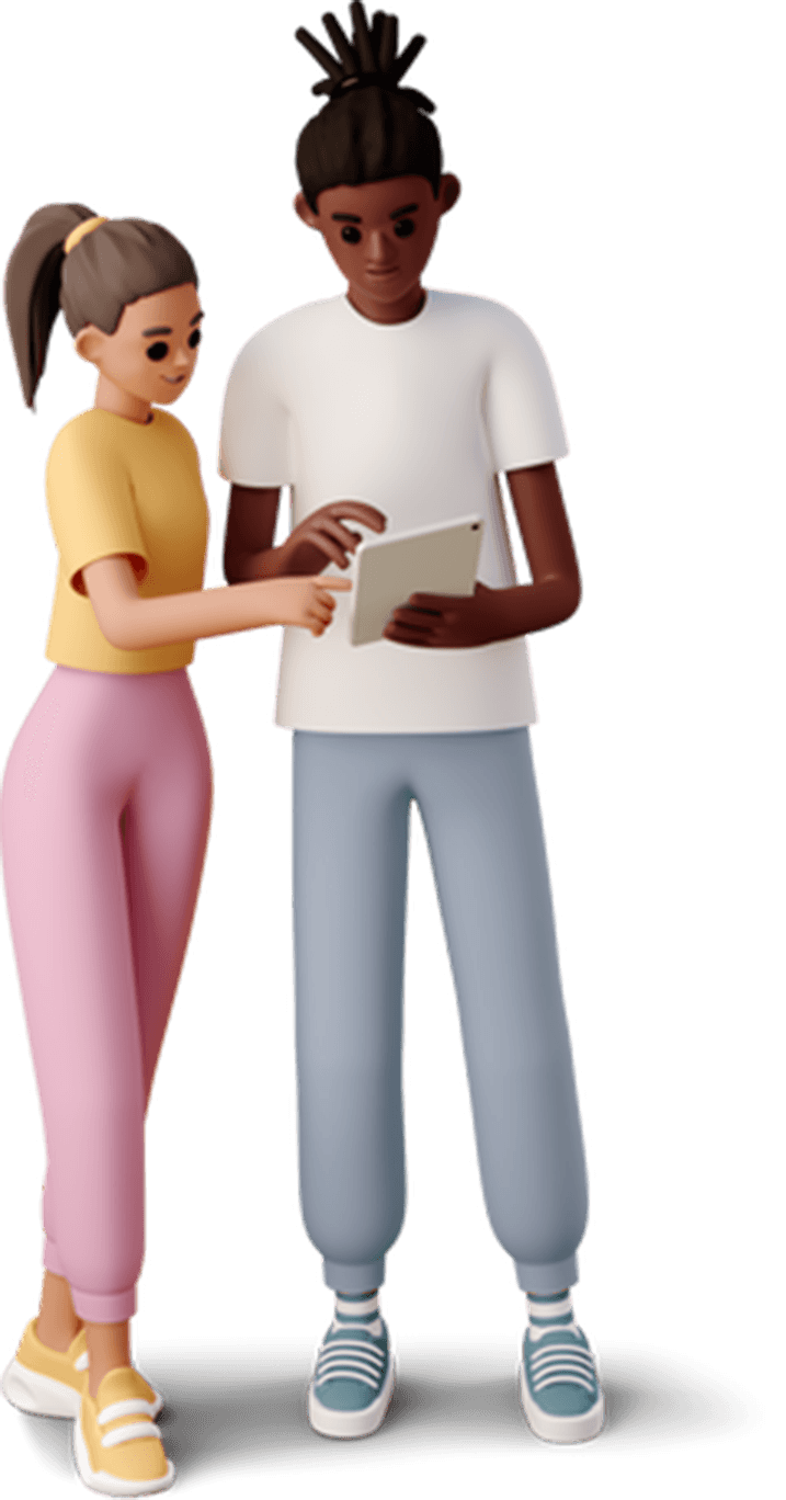 Girl and boy standing together looking at a tablet